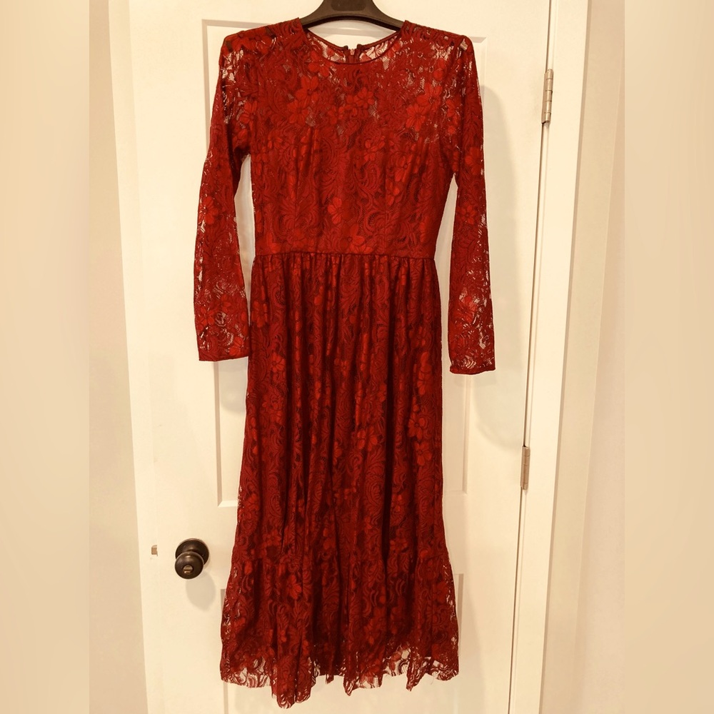 NEW BHLDN Sachin & Babi Lace Ynez MIDI Long Sleeve Dress  Maroon Burgundy